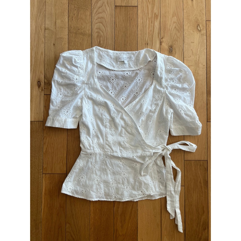 Kristinit Eyelet Embroidered Wrap Short Sleeve White Top Boho Womens Size S